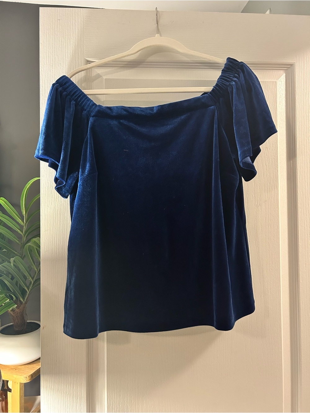 White House Black Market Navy Velvet Off-Shoulder Blouse